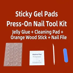 Short press-on nail tool kit with jelly glue tabs, alcohol pads, and file