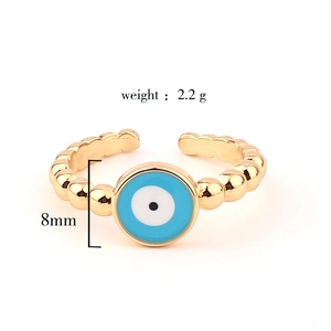 Golden evil eye open ring with beaded band design and blue crystal inlay, weight 2.2g