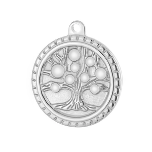 Polished silver stainless steel Tree of Life pendant with smooth beads and engraved border