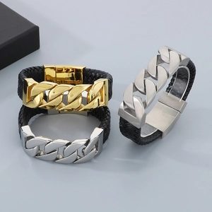 Men's braided black leather bracelets with stainless steel Cuban chain magnetic clasps