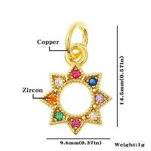 Detailed view of sun star pendant in copper and zircon with dimensions and weight info