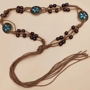 Handmade bohemian braided waist chain with brown wax rope, wood beads and blue stone accents