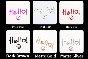 Six metallic foil colors showing Rose Red, Gold, Dark Red, Coffee, Matte Gold and Silver