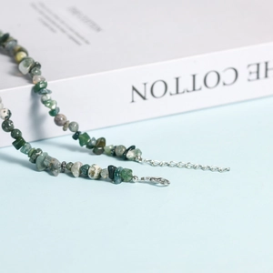 Handmade necklace with irregular green moss agate crystals and silver lobster clasp closure