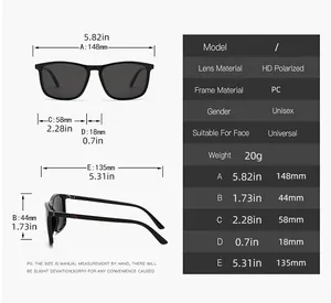Detailed size chart for square polarized sunglasses with PC frame and temple dimensions