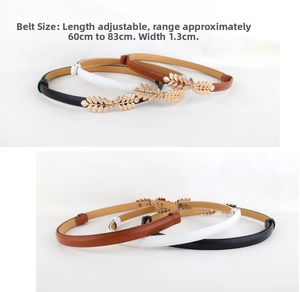 Detailed view of adjustable golden leaf buckle on thin waist belt for dresses