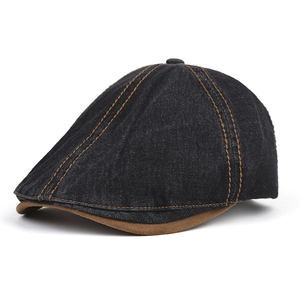 Schwarze Denim-Baskenmütze im Vintage-Stil mit braunen Kontrastnähten für Damen und Herren