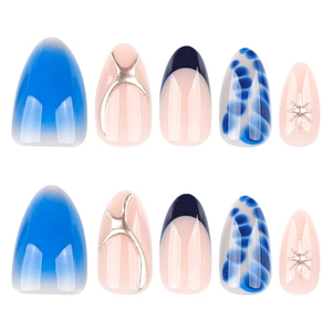 Blue marble almond press-on nails with silver glitter accents and french tips set