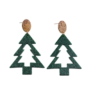 Asymmetric hollow Christmas tree earrings with green glitter finish and gold studs