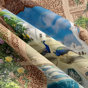 Detail view showing peacock and mosque print on textured fabric tapestry for room decor