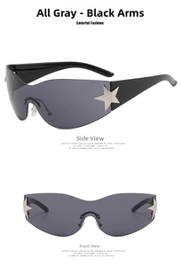 Detail view of Y2K rimless star sunglasses with grey lenses and silver star metal accents