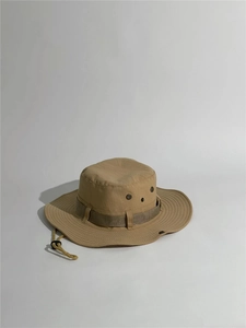 Detail of khaki outdoor bucket hat with adjustable wind cord and side ventilation eyelets