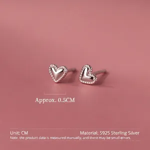 925 Sterling Silver Heart Stud Earrings Small Beaded Edge Minimalist Sweet Jewelry For Women