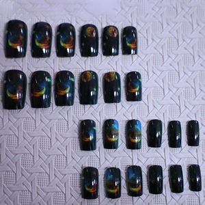 24pcs square press-on nails with deep galaxy theme featuring moon and stars patterns