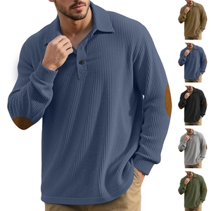 Men Long Sleeve Polo Shirt Corduroy Retro Casual With Elbow Patches Turn-Down Collar Ribbed Cuffs Urban Fashion
