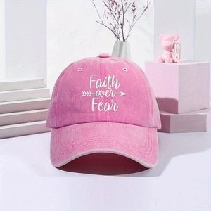 Close-up of Faith over Fear white embroidery on pink washed cotton baseball cap