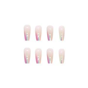 Rainbow gradient iridescent coffin false nails with long press-on pearl finish design