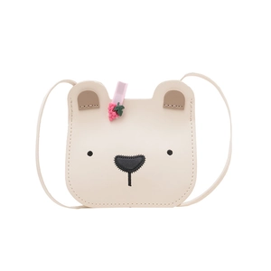 Cute bear-shaped crossbody bag for kids in beige PU leather with a pink grape hairclip