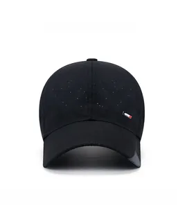 Front view of black quick-dry mesh baseball cap with breathable six-panel structure