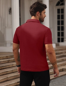 Rear view of a burgundy men's waffle knit polo shirt showing fabric texture and fit