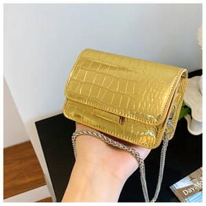 Detail of a mini gold crossbody bag with crocodile texture and silver chain strap