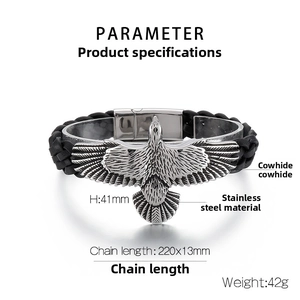 Detailed view of woven black leather bracelet with an intricate silver eagle emblem