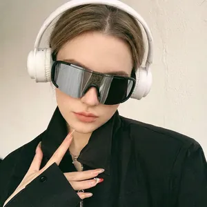 Futuristic oversized cycling sunglasses with silver mirror lens for outdoor sports