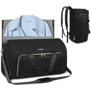 Detail view of foldable travel garment bag showing suit storage and convertible carry modes