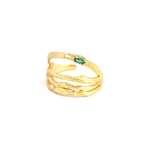 Irregular double-layer silver ring in gold with green marquise gemstone and branch texture