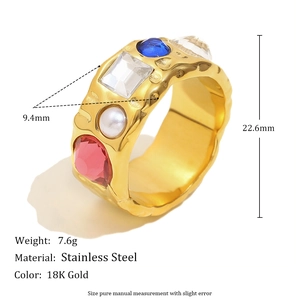 Vintage 18K gold plated stainless steel wide ring with zircon and pearl accents