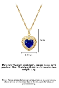 Detailed view of heart-shaped blue crystal pendant with pave zircon and gold steel chain