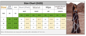 Size chart detail for tie-dye cutout halter maxi dress showing S, M, L measurements