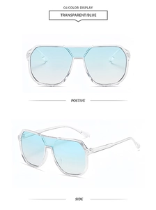 Detail of transparent aviator sunglasses with blue gradient lenses and integrated nose pads