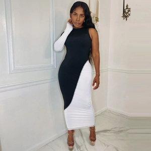 Robe Longue Bodycon Couleurs Contrastées Manche Asymétrique Coupe Ajustée Satin De Lait Pour Femmes