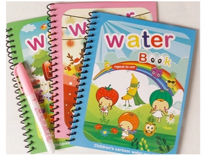 Reusable water coloring book set with three cartoon themes and a magic pen for kids