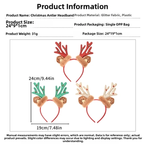 Detailed size chart for reindeer antler headbands showing 24x9x1cm dimensions and weights