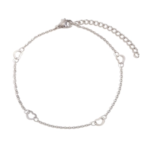 Silver stainless steel anklet with minimalist hollow heart charms and adjustable lobster clasp