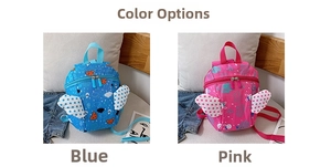 Blue and pink toddler backpacks with polka dot wings and cute cartoon animal prints