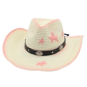 Chapeau de cowboy en paille avec dégradé rose, motifs d'étoiles et boucle vintage