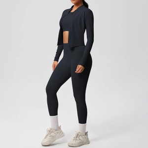 Three-piece black yoga set featuring a slim-fit zipper jacket and high-waisted leggings