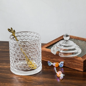 Honeycomb glass honey jar with lid and gold leaf spoon for home storage and sugar display