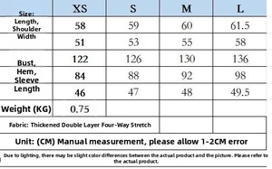 Size chart for women's bomber jacket with detailed measurements in centimeters for XS-L