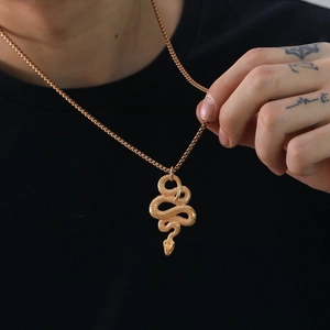 Golden stainless steel snake pendant necklace worn by a model against a black background