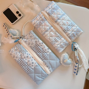Quilted Cotton Mini Handbag Floral Plaid Patchwork Zipper Pouch With Artificial Pearl Chain Heart Pendant Women Sweet Style