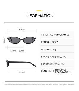 Detailed size chart for oval sunglasses with dimensions in mm and PC material info