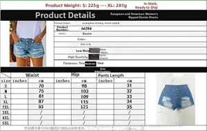 Detailed size guide for high waist ripped denim shorts with fringe, showing S-5XL measurements