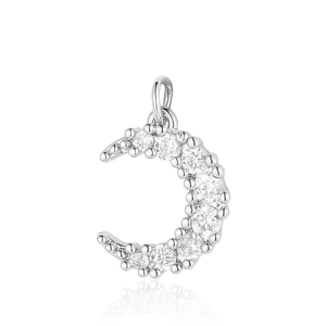 Detailed view of silver moon pendant with shimmering pave-set cubic zirconia stones