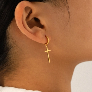 Stainless Steel Cross Drop Hoop Earrings 18K Gold Plated Minimalist Punk Gothic Fashion Jewelry For Women
