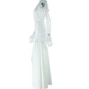 Detail of waist ruched design on a white sleeveless maxi dress with a slim fit