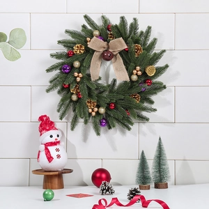 Christmas Wreath Artificial Pine Needles Burlap Bow Metal Bell Ornaments Pine Cones Home Door Wall Hanging Decor